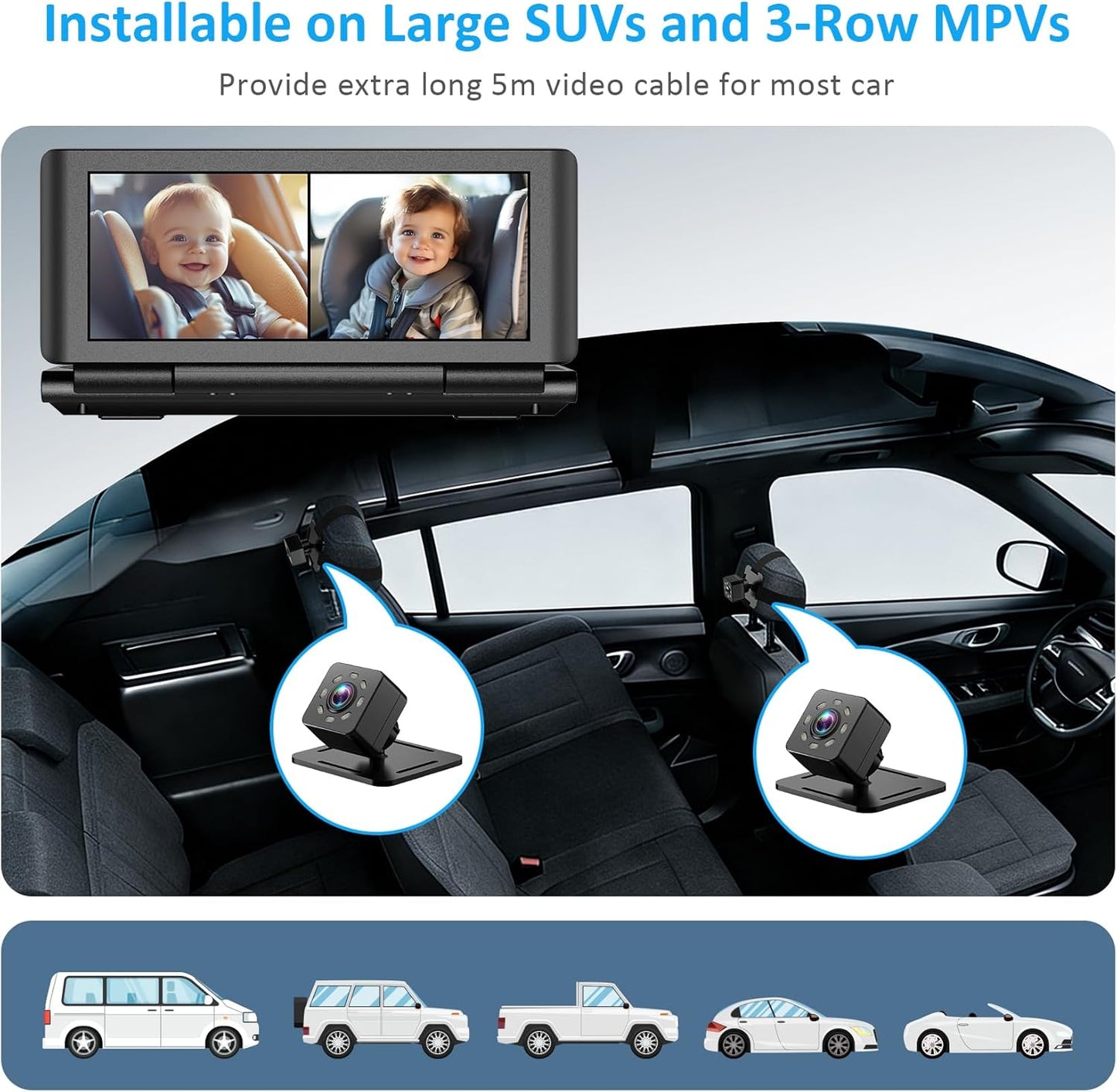 Baby Car Camera for 2 Kids, 6.86" 1080P HD Split Screen Baby Monitor with Dual Backseat Cameras and IR Night Vision, Crystal Clear Wide View Baby Car Mirror for Rear Seat Safety (Not USB)