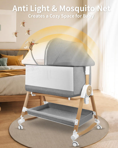 suihuooo 4 in 1 Baby Bassinet, Bassinets Bedside Sleeper with Wheels and Storage Basket, Adjustable 7 Heights Bedside Sleeper with Mosquito Net, Breathable Mesh Rocking Bassinet for Baby