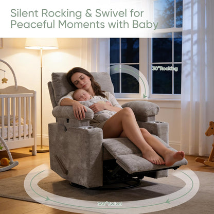 Rocking Chair Nursery with Adjustable Armrest for Breastfeeding, Glider Recliner Nursery Chair with Massage and Heat, Power Swivel Rocker Recliner with Adjustable Headrest, Corduroy, Beige