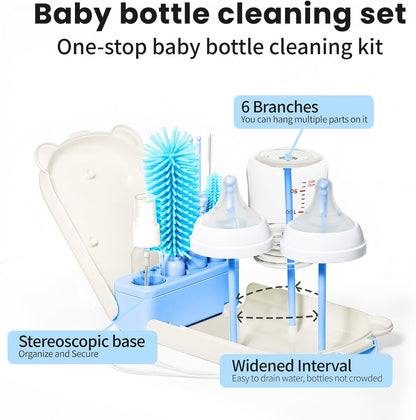 LEQXGO Travel Baby Bottle Cleaner Kit with Storage Case, 7-in-1 Baby Bottle Brush Set with Drying Rack for Breast Pump Parts, Bottle Washing Kit - Baby Travel Essential for Flying & On-the-Go (Blue)