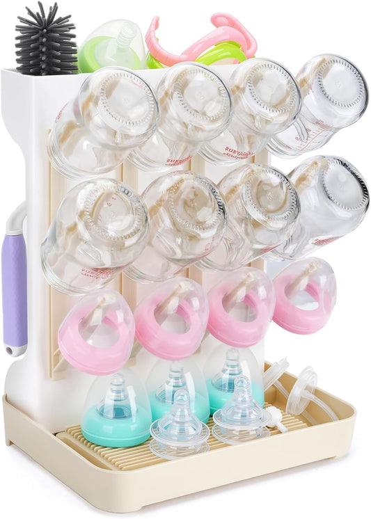 Baby Bottle Drying Rack: Space Saving Vertical Bottle Drying Holder with Brushes Holder - Large Bottle Storage Holder Organizer 12 Bottles & Baby Accessories,BPA-Free, Beige