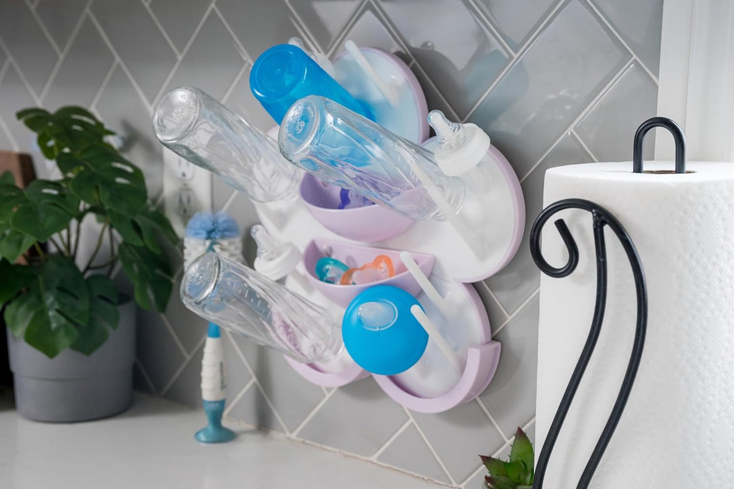 The Bottle Blossom- Wall Mounted Baby Bottle Drying Rack for Bottles, Cups, Sippy Cups, Vertical Wall Hanging, Space Saving, Large Capacity Baby Essential, 2 Adhesive Hooks Included (Light Blue)