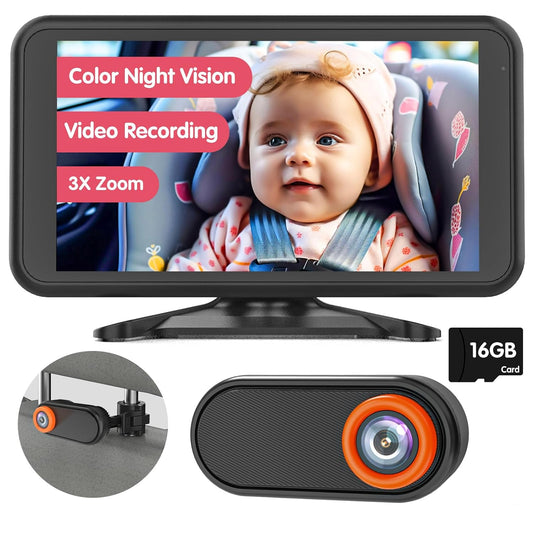 LUCKVIEW BM3 Baby Car Camera, 5.2" 1080P with Video Recording & TF Card, Back Seat Camera with 3X Zoom, 360° Rotation, Easy Installation Baby & Pet Car Monitor
