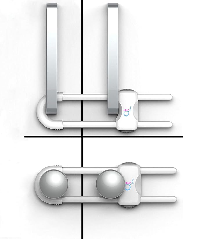 QT BABY - Pack of 12 - Baby Proofing Cabinet Locks Adjustable U Shaped Baby Safety Latches for Drawers, Fridge, Closet Modern Baby Proofing Cabinet Lock with Extra Secure Lock Buttons (White)