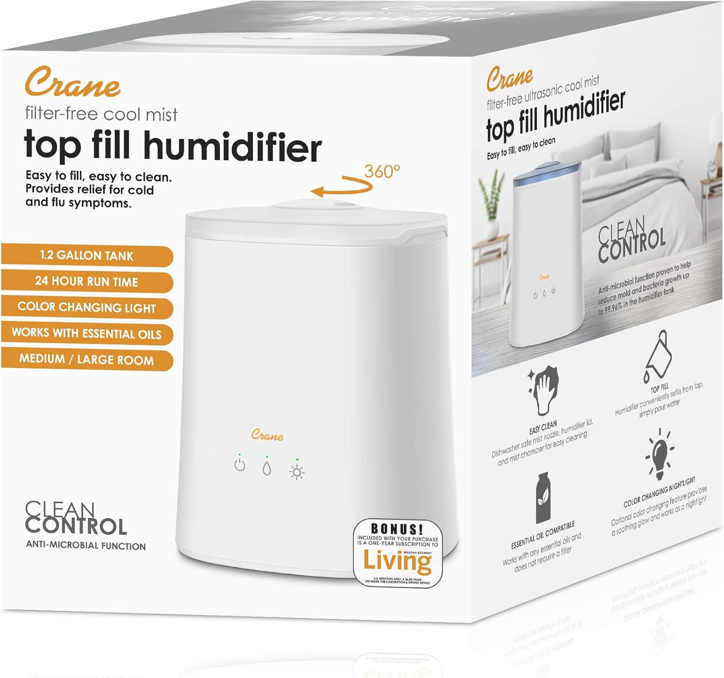 Crane 0.7 Gallon Top Fill Cool Mist Humidifier and Aroma Diffuser, with Color-Changing Night Light and Aroma Diffuser Function, Humidifier For Bedroom, Office or Nursery