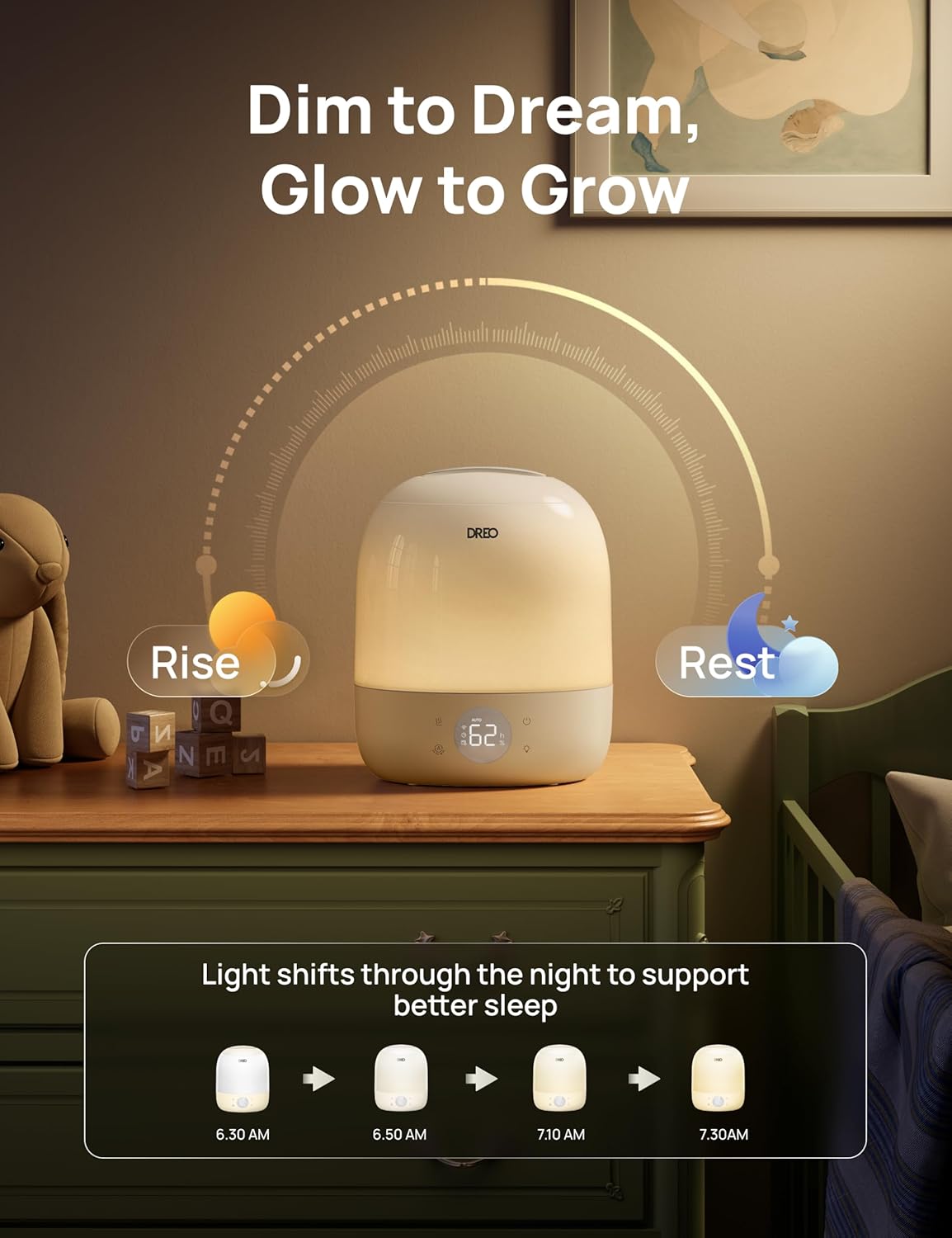 DREO Humidifiers for Bedroom - 30H Max Runtime & RGB Night Light & Sleep Trainer, Ultra Quiet 28dB Cool Mist Humidifier, Top Fill Smart Air Humidifier for Plants, Perfect for Baby & Nursery, HM409S