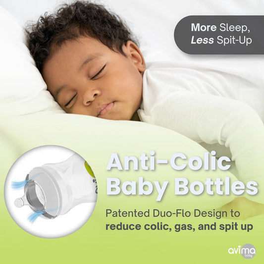 Avima Baby 12 oz Anti Colic Baby Bottles for Breastfed Babies - Fast Flow Nipples, Wide Neck Bottle, BPA Free - 9-12 Months, Stage 3 (Set of 3)