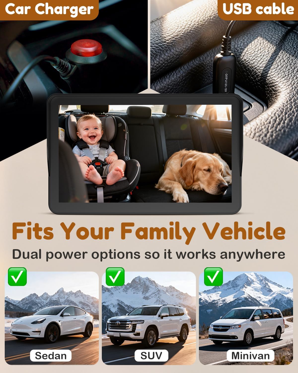Yakry HD Baby Camera for Car 7.2-Inch: 3X Larger View, 5-Min USB Easy to Install, 1080P Auto Night Vision - 150° Wide Angle Car Seat Camera Full Backseat View for Kid & Infant Safety (Ages 0-5)
