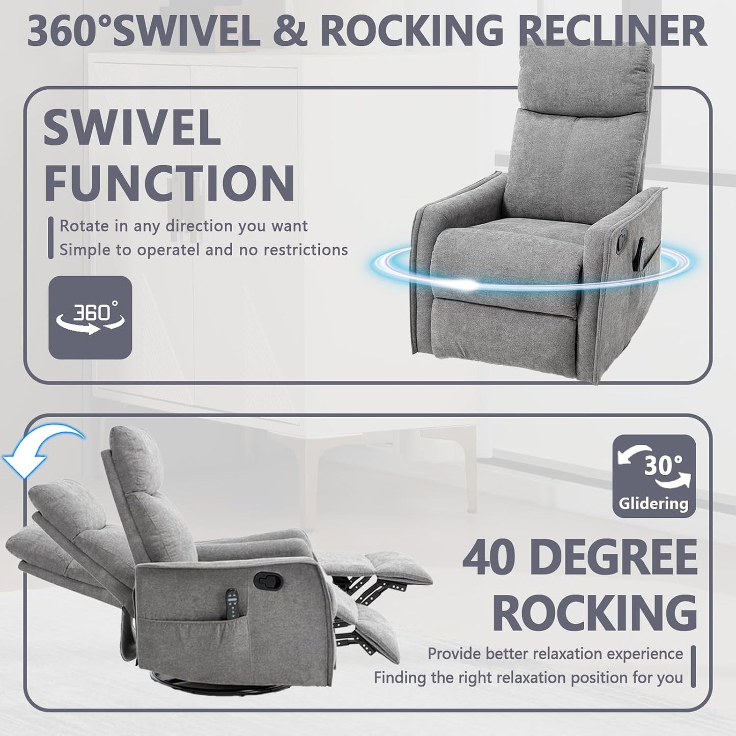 Massage Chair Recliner with Heat, Swivel Rocking Chair Recliner with High Back, Manual Nursery Recliners for Adults,Small Recliner Chair for Small Spaces, Living Room Bedroom, Fabric (Blue Green)