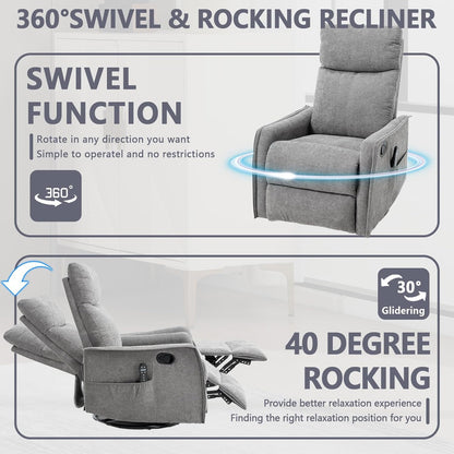 Massage Chair Recliner with Heat, Swivel Rocking Chair Recliner with High Back, Manual Nursery Recliners for Adults,Small Recliner Chair for Small Spaces, Living Room Bedroom, Fabric (Blue Green)