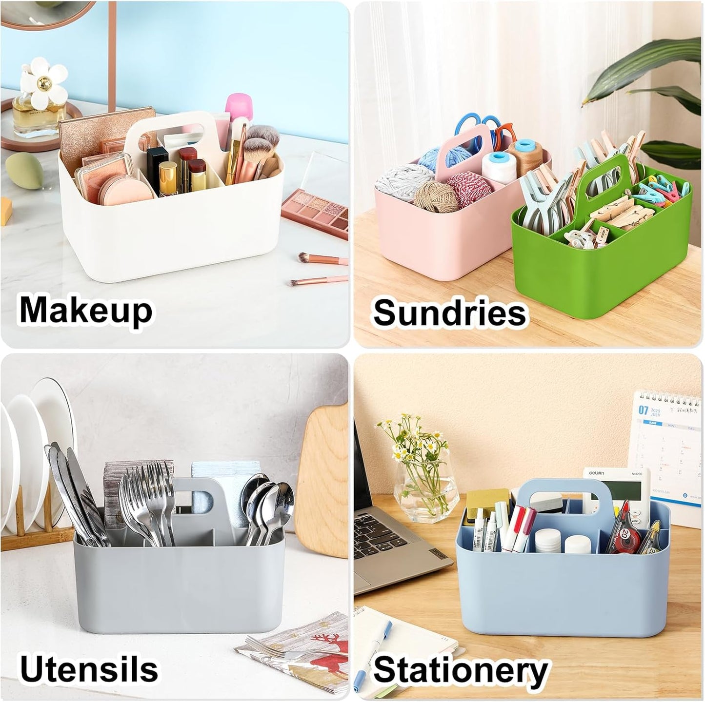 Multiuse Caddy Organizer with Handle, Portable Divided Plastic Tote Bin - Art Craft, Stationary Pen Marker Crayons, Makeup Hair Supplies Storage - Bathroom, Classroom, Dorm, Office, Desk Holder - Pink