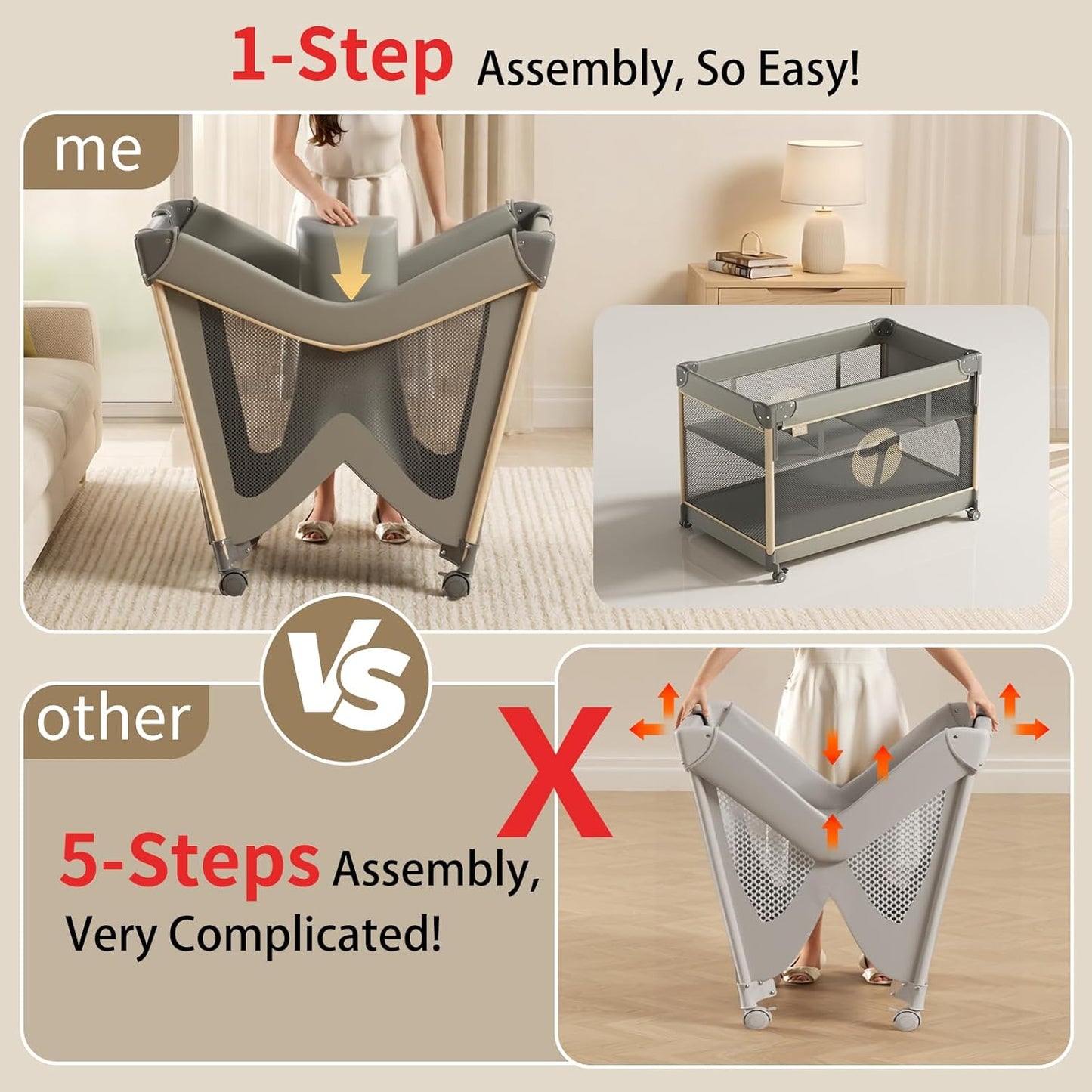 4-in-1 Pack and Play with Bassinet, Bedside Sleeper, Playard, and Changing Table, Folding Travel Crib with Musical Toy Rack & Bag, 4-Level Height Adjust, Newborn to Toddler（Ivy Gray）