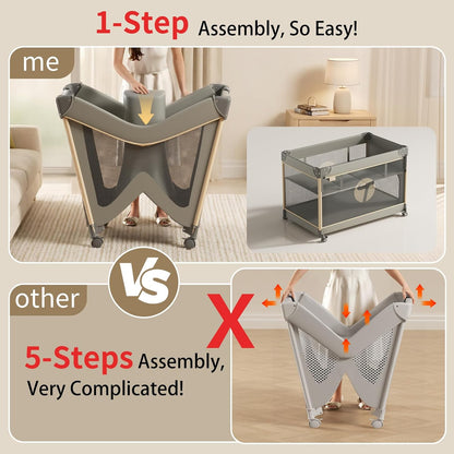4-in-1 Pack and Play with Bassinet, Bedside Sleeper, Playard, and Changing Table, Folding Travel Crib with Musical Toy Rack & Bag, 4-Level Height Adjust, Newborn to Toddler（Ivy Gray）