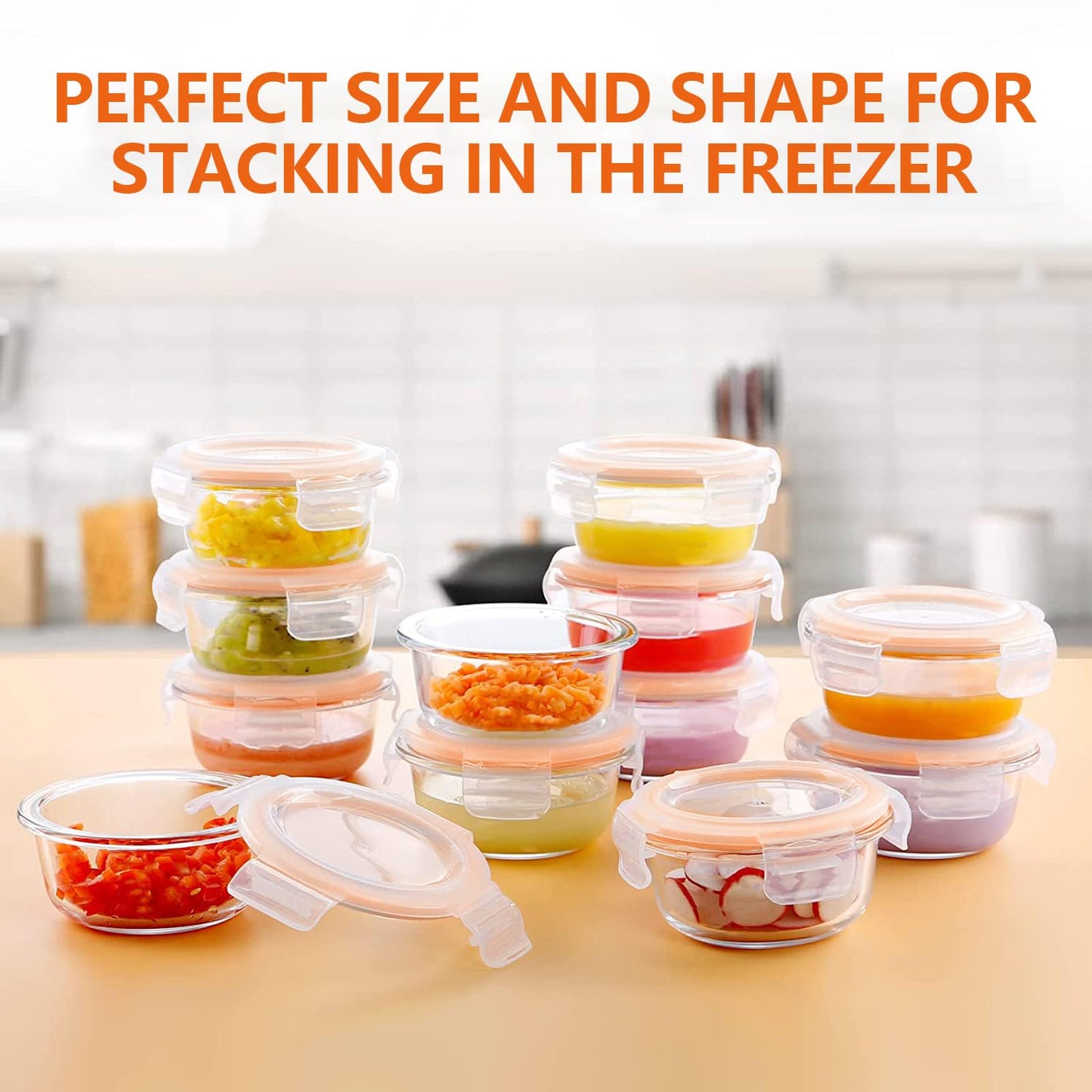 Luvan 7oz Glass Baby Food Containers, 12 Pack with Leakproof Lids, Stackable, Freezer Safe, Baby Bullet Containers for Fruit Purees and Vegetable Mashes