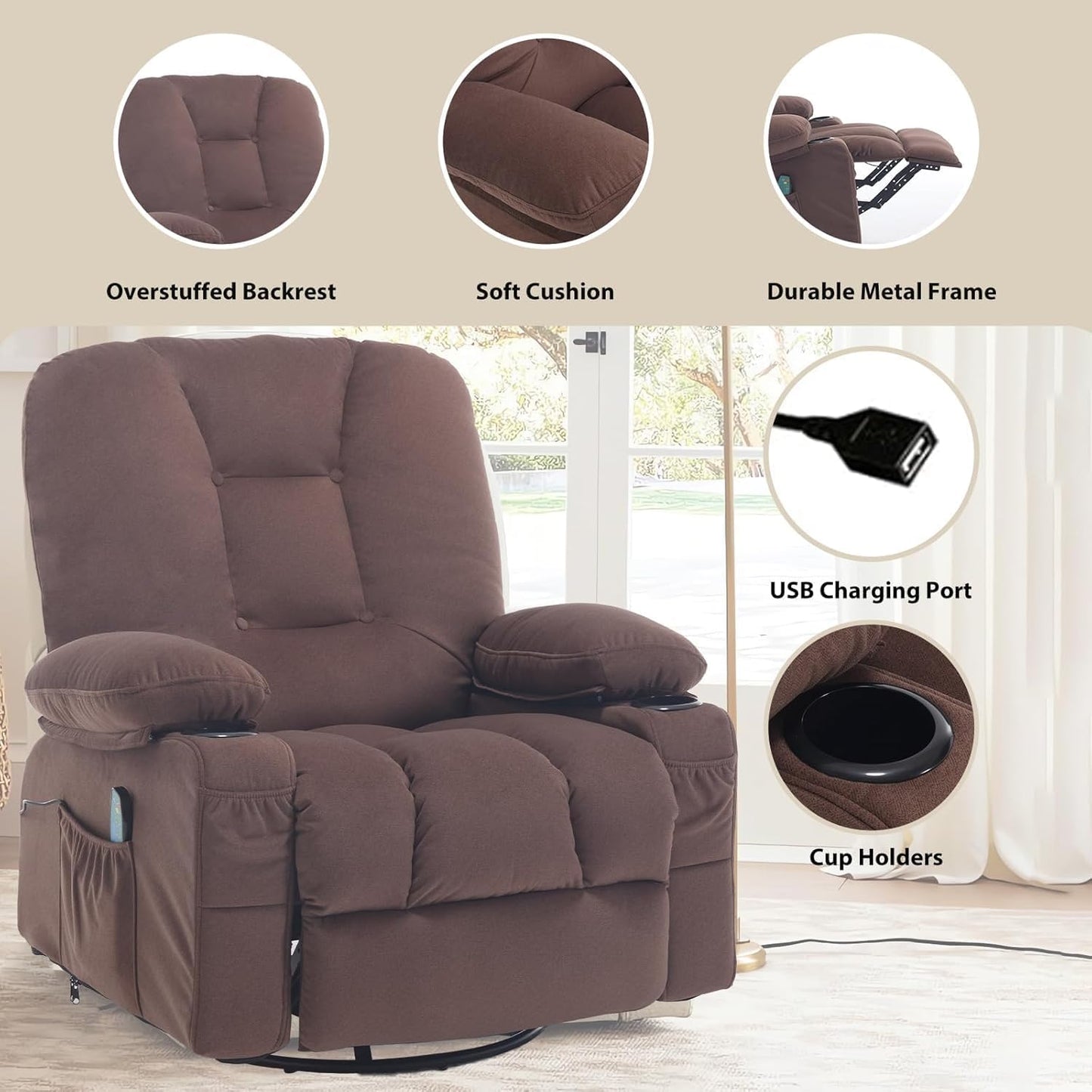 Rocker Recliner Chair with Massage and Heat, Oversized Rocking Nursery Recliners Overstuffed Swivel Glider with Cup Holder, Fabric Manual Single Sofa for Living Room, Beige