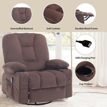 Rocker Recliner Chair with Massage and Heat, Oversized Rocking Nursery Recliners Overstuffed Swivel Glider with Cup Holder, Fabric Manual Single Sofa for Living Room, Beige