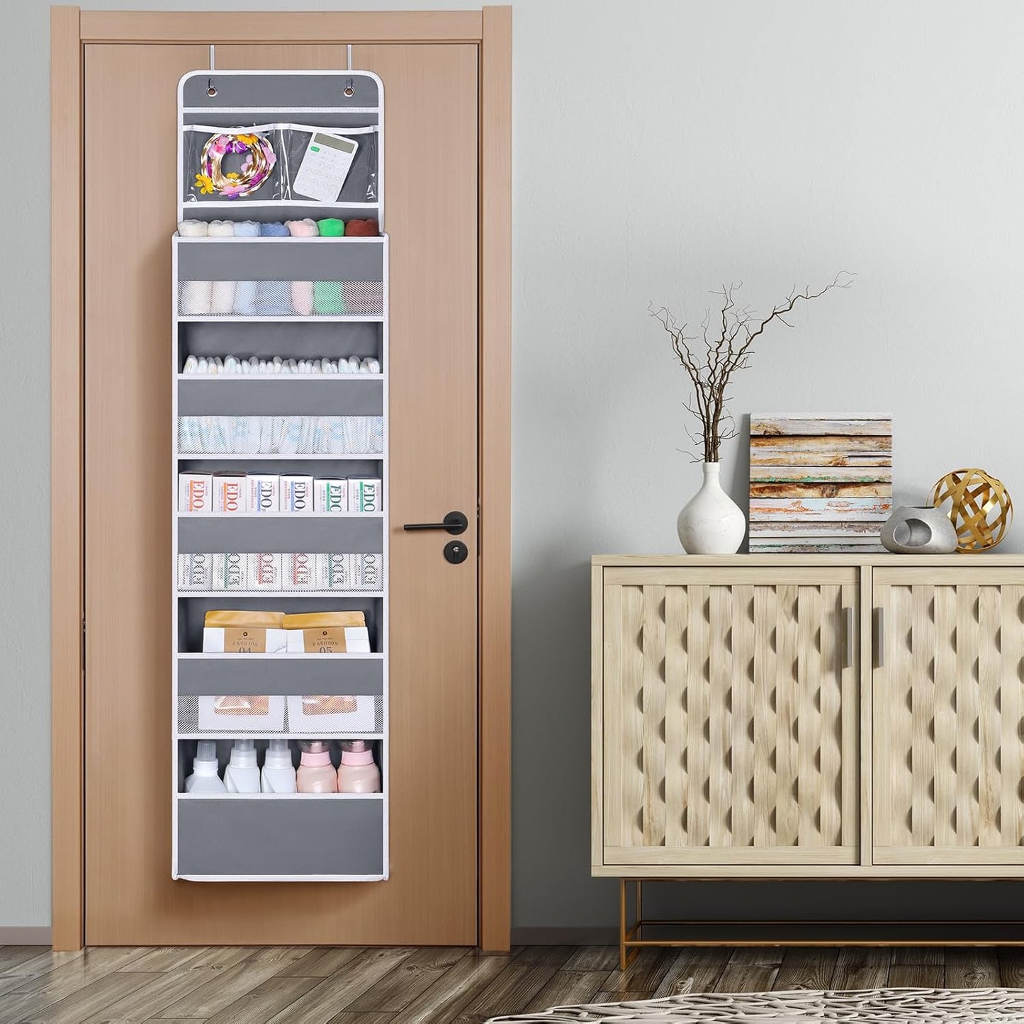 Univivi Over The Door Organizer, 5 Shelf Door Hanging Organizer Nursery Door Storage with 4 Large Compartments and 2 Small PVC Pockets 6 Side Pockets for Bathroom,Cosmetics and Nursery Baby Essential