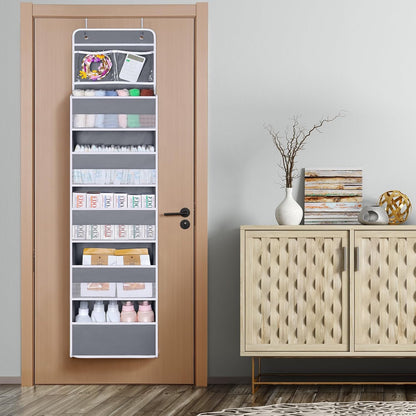 Univivi Over The Door Organizer, 5 Shelf Door Hanging Organizer Nursery Door Storage with 4 Large Compartments and 2 Small PVC Pockets 6 Side Pockets for Bathroom,Cosmetics and Nursery Baby Essential
