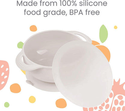 Lulyboo Silicone Baby Feeding Bowl with Handles, Lid & Spoon - Packable, Spill-Proof, Dishwasher Safe, Non-Slip Suction, for Toddlers 6+ Months (Ivory)