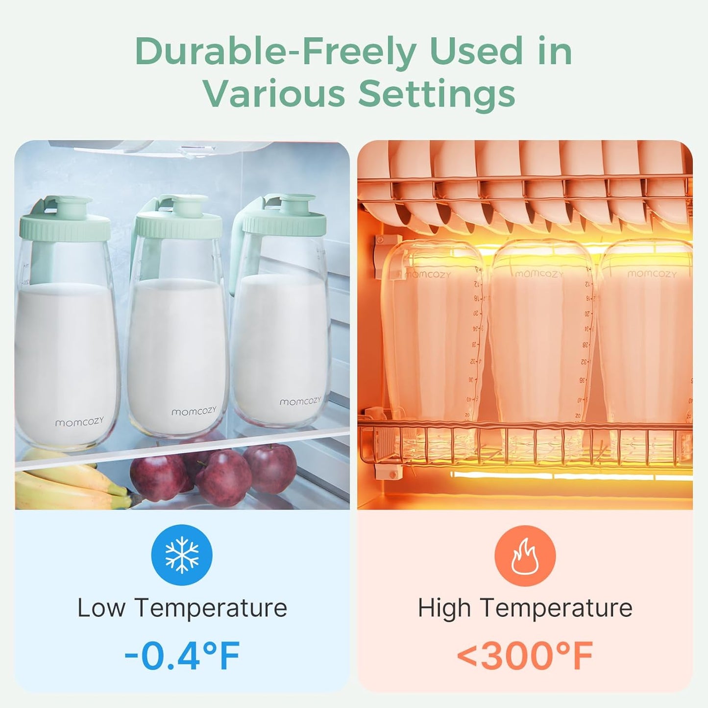 Momcozy Breast Milk Pitcher, Resistant to Heat and Cold Abrupt Temp Swings, No Leak Glass Breast Milk Fridge Storage Container with Wide Mouth, Fast Baby Formula Maker, Green
