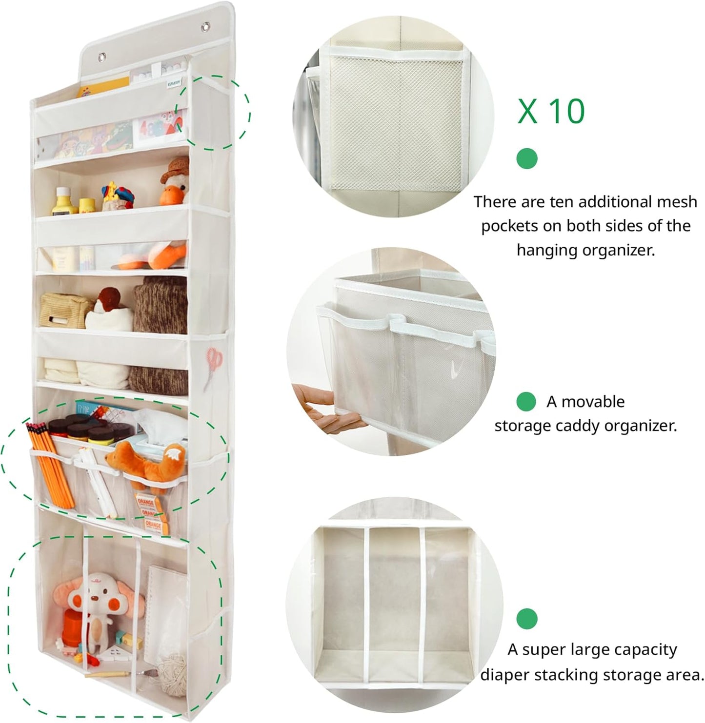 Door Hanging Storage Organizer,with 3 Bins 1 Movable Baby Diaper Caddy,1 Large capacity diaper stacking storage Organizer,10 Side Pockets ,Bedroom Door Storage for Nursery Baby Essentials. (Dark grey)