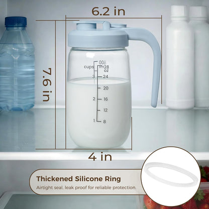 Breast Milk Pitcher 32 OZ, Heat & Cold Resistant, Sudden Temperature Safe, Fast Baby Formula Maker with Wide Mouth, No Leak Borosilicate Glass Fridge Storage Container for Juice, Cold Brew-Blue