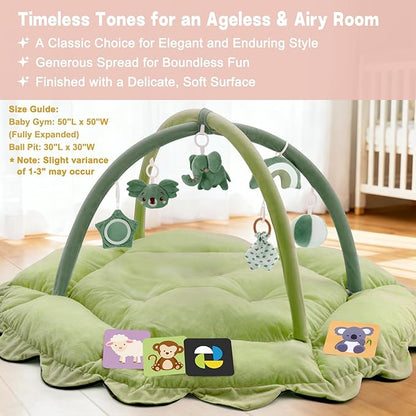 5-in-1 Baby Activity Gym & Play Mat with 6 Hanging Toys, Tummy Time Mat & Cards - Extra Large, Reversible Machine Washable Pad - Gift for Newborns, Infants 0-12 Months, Green