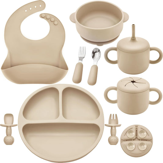 Bufims Silicone Baby Feeding Set, Baby Led Weaning Supplies, Eating Essentials Utensils with Suction Plate and Bowl, Pocket Bib, Sippy Cup with Lid, Forks Spoons Snack Container, for 6+ Months, Green