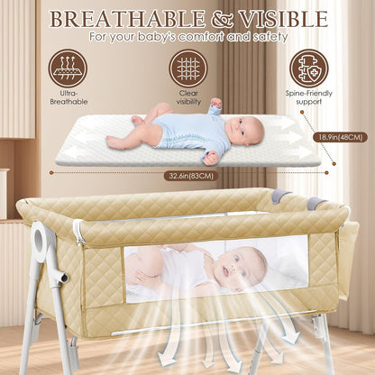 Baby Bassinet Bedside Crib for Newborn, 4-in-1 Baby Bassinet Bedside Sleeper with Mesh & Mattress, Easy Move Crib for Newborns with Lockable Wheels & Storage Basket, 4-Adjustable Height(Grey) | Bassinet with Wheels, Storage Basket, 4 Height Adjustable