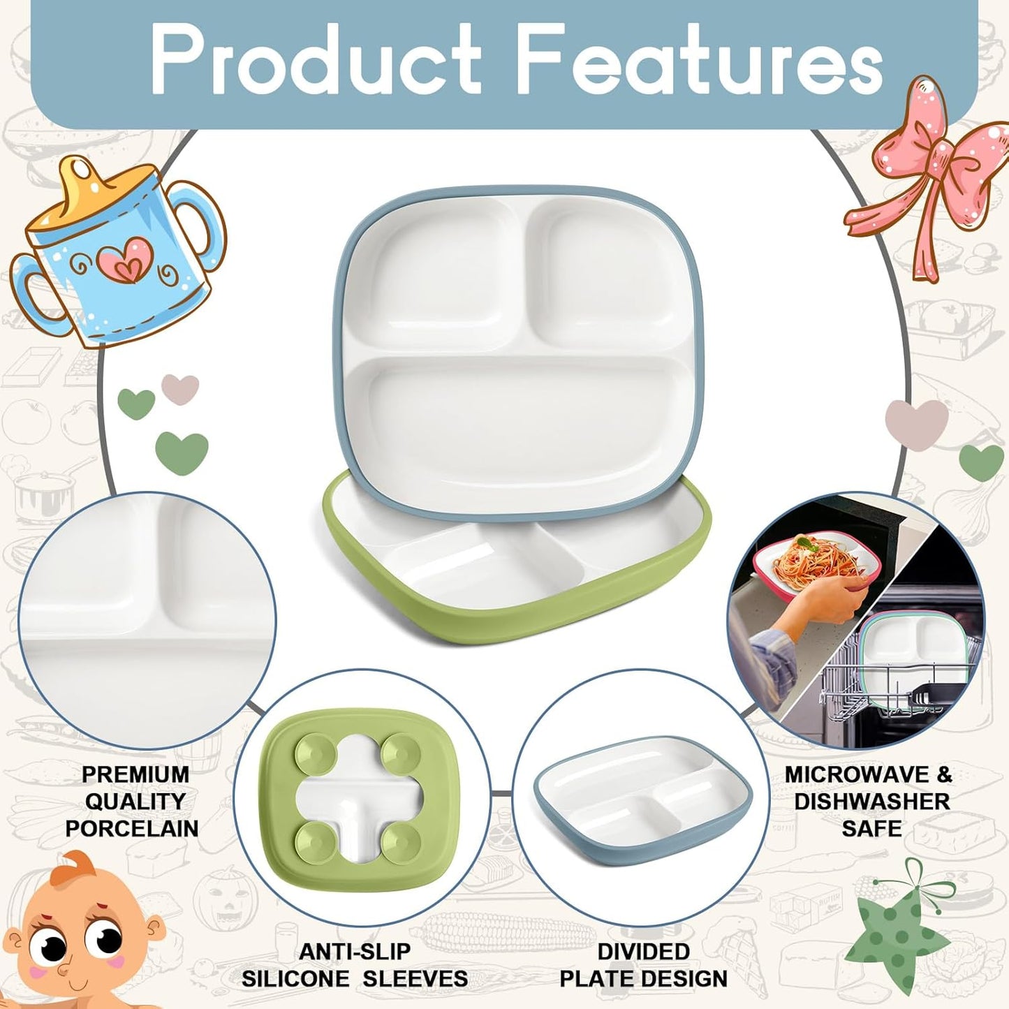 Domensi Kids Porcelain Plates with Silicone Sleeves 8.2 Inch Divided Porcelain Plate Toddler White Suction Dishes for Baby Troubleless Eating Microwave Dishwasher Safe(Stylish,3 Set)