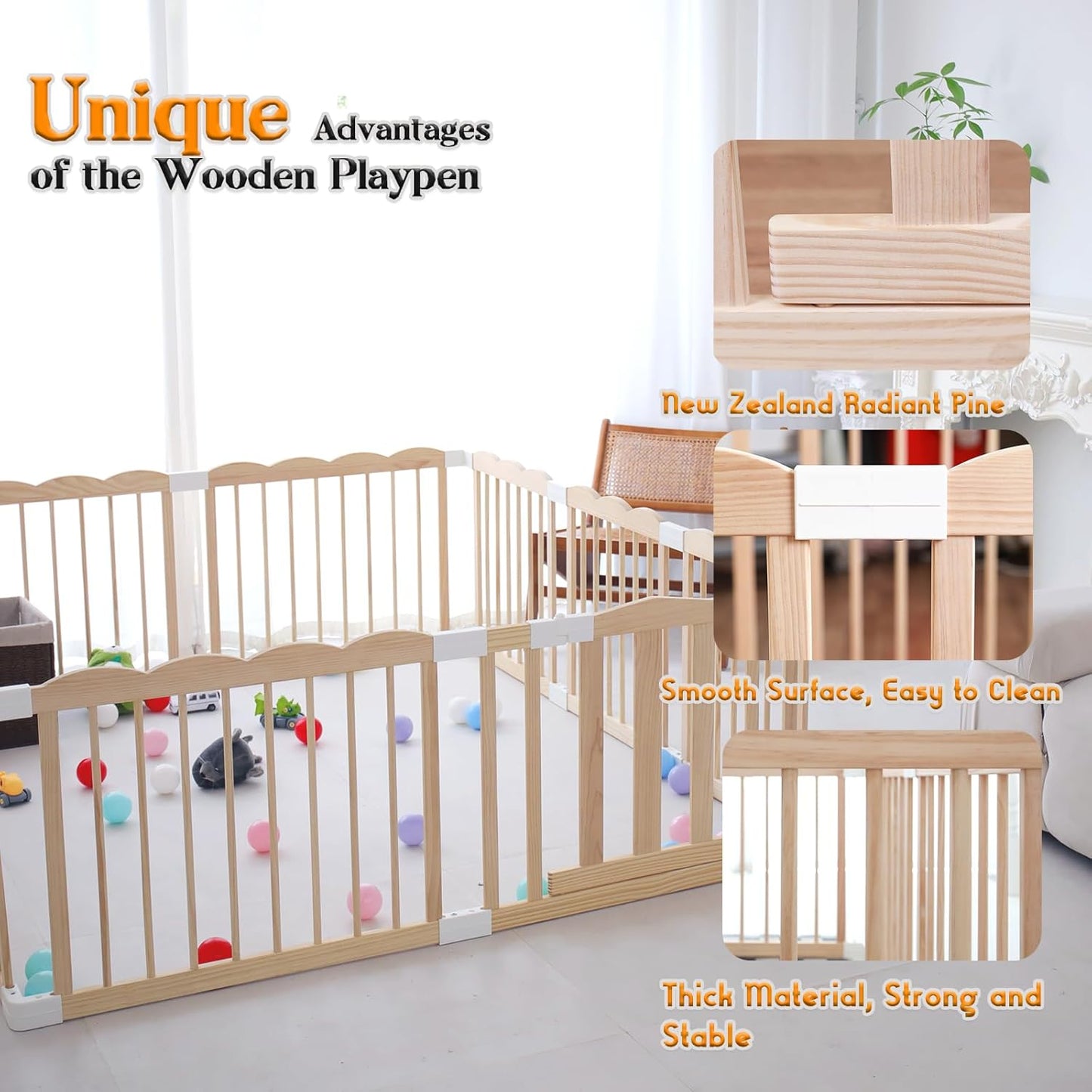 Baby Playpen, Wooden Playpen for Babies and Toddlers, Large Adjustable Wooden Baby Playard with Locking Gate, Easy to Assemble, Portable Play Pen, Infant Play Pen Play Area(47x62x24 Inch)