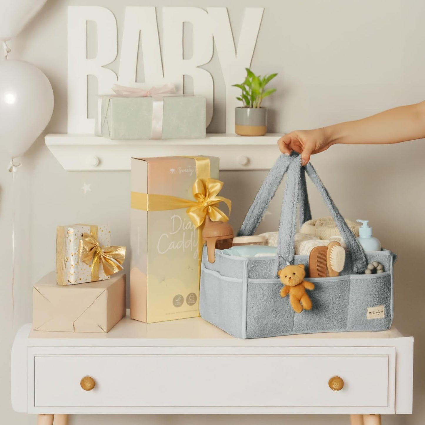 Sweety Fox Baby Diaper Caddy Organizer with Handle - Portable Sherpa Nursery Basket - Car Diaper Organizer, Cleaning Caddy, Gift for Baby Shower - Grey