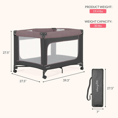 Dream On Me EZGo Portable Playard, Tool-Free Assembly, Easy One-Step Fold, Breathable Mesh Sides, Removable Mattress Pad & Smooth Locking Wheels, Travel Carry Bag Included – Black & White