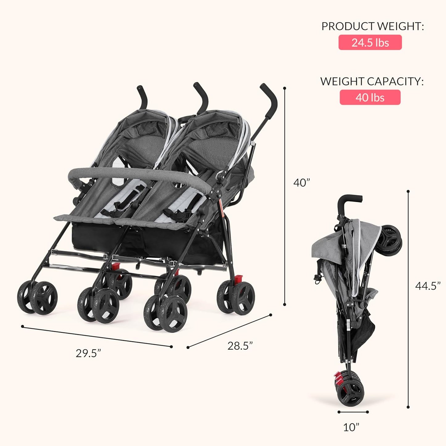 Dream On Me Volgo Twin Umbrella Stroller in Black, Lightweight Double Stroller for Infant & Toddler, Compact Easy Fold, Large Storage Basket, Large and Adjustable Canopy