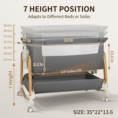suihuooo 4-in-1 Baby Bassinet, Portable Bassinet Bedside Sleeper with Wheels and Storage Basket, 7 Height Adjustable Breathable Mesh Rocking Bassinet with Mosquito Net for Newborn-White