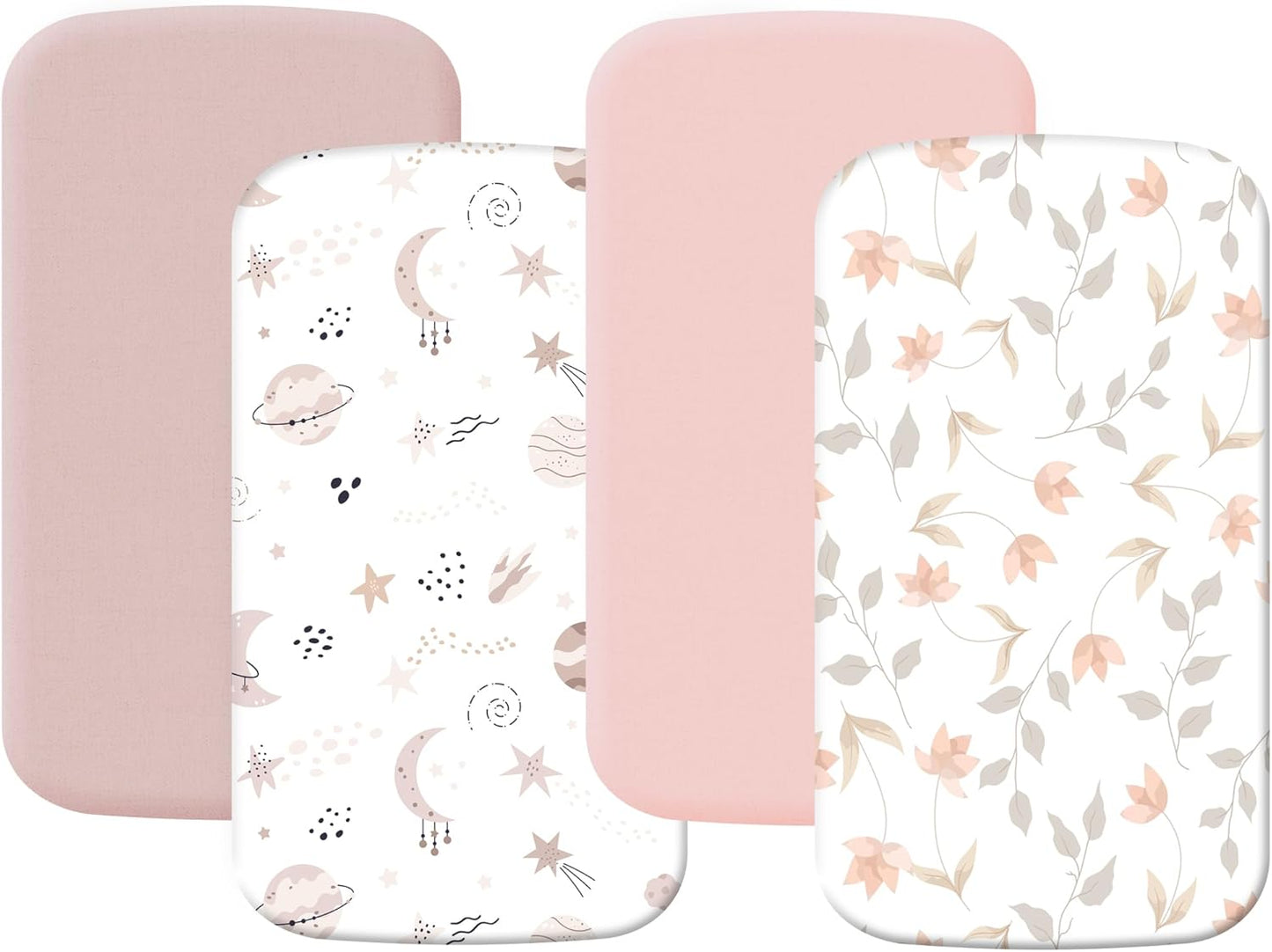 4 Pack Stretchy Bassinet Sheets 20" x 33" Fit for Baby Delight, BCOL, Jimglo, Angelbliss, Maxi-COSI & Most Regular Size Bedside Sleeper- Soft Breathable Fitted Bassinet Sheets - Light Pink & Star