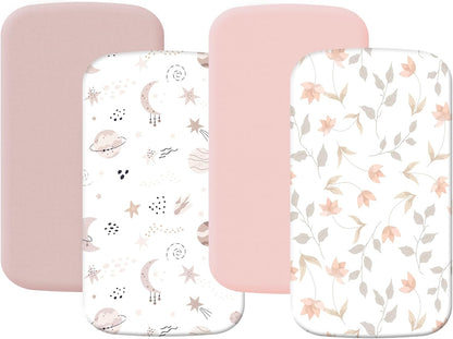 4 Pack Stretchy Bassinet Sheets 20" x 33" Fit for Baby Delight, BCOL, Jimglo, Angelbliss, Maxi-COSI & Most Regular Size Bedside Sleeper- Soft Breathable Fitted Bassinet Sheets - Light Pink & Star