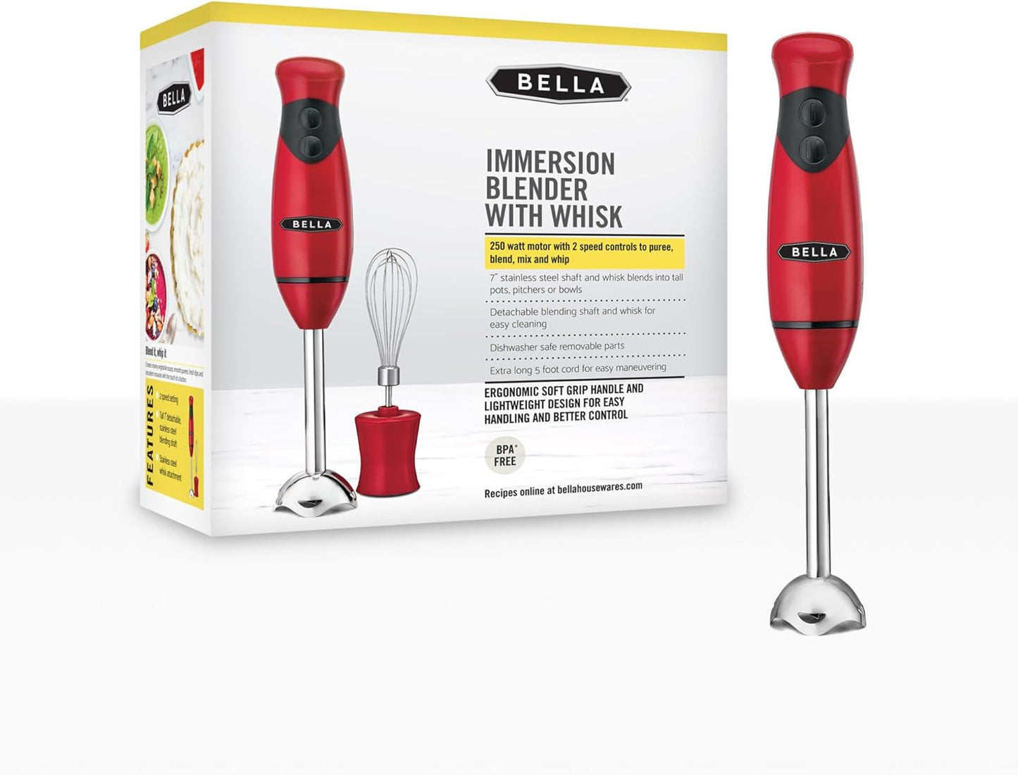 BELLA Immersion Hand Blender, Portable Mixer with Whisk Attachment - Electric Handheld Juicer, Shakes, Baby Food and Smoothie Maker, Stainless Steel, Black