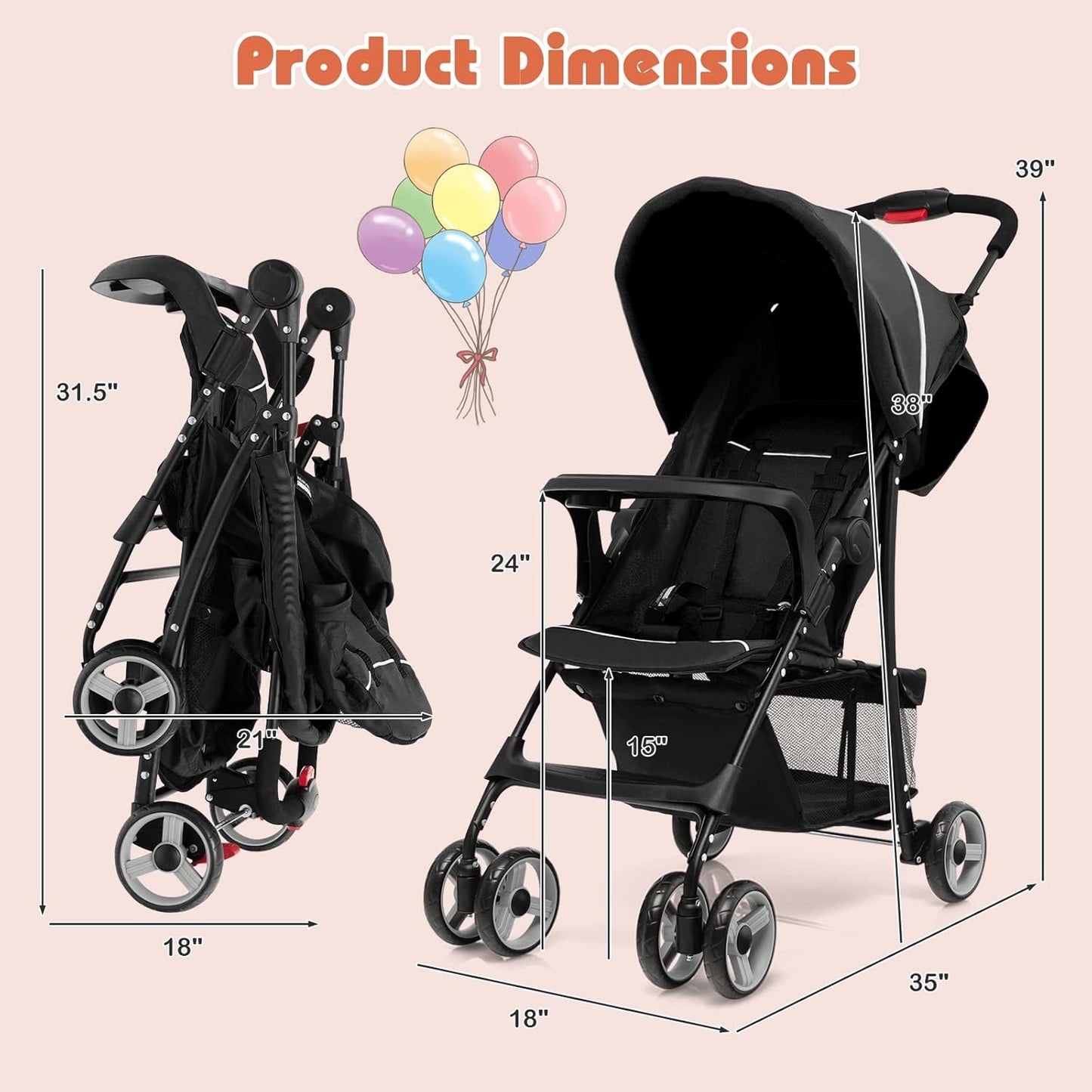 HONEY JOY Lightweight Stroller, Compact Travel Stroller for Airplane, Toddler Fold Pushchair w/Adjustable Canopy & Backrest, Storage Basket, Umbrella Stroller for Infants (Gray)