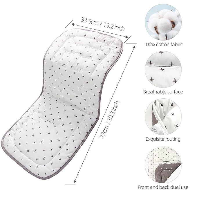 Baby Stroller Cushion,Infant Car Seat Insert-Reversible Universal Breathable and Soft Newborn seat Liner for Stroller,100% Cotton Seat Pad Liner for Newborns-34x78cm,1 Pack(White+Grey Cross)