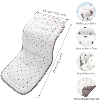 Baby Stroller Cushion,Infant Car Seat Insert-Reversible Universal Breathable and Soft Newborn seat Liner for Stroller,100% Cotton Seat Pad Liner for Newborns-34x78cm,1 Pack(White+Grey Cross)