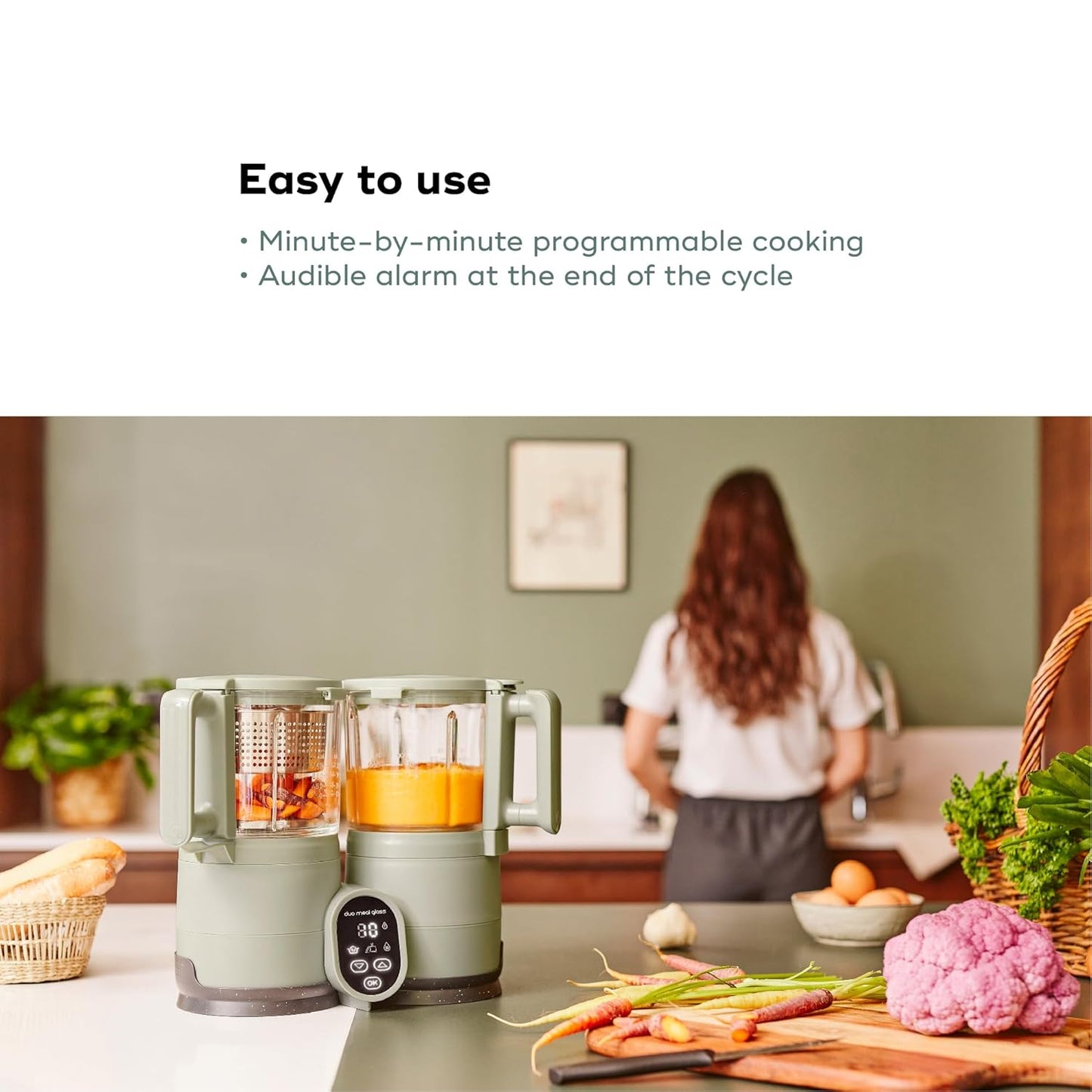 Babymoov Duo Meal Glass Baby Food Maker, Celadon Green – 4-in-1 Steamer, Blender, Defroster, and Heater with Programmable Timer, Large Capacity, Glass Bowls, Dishwasher Safe