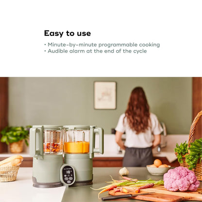 Babymoov Duo Meal Glass Baby Food Maker, Celadon Green – 4-in-1 Steamer, Blender, Defroster, and Heater with Programmable Timer, Large Capacity, Glass Bowls, Dishwasher Safe
