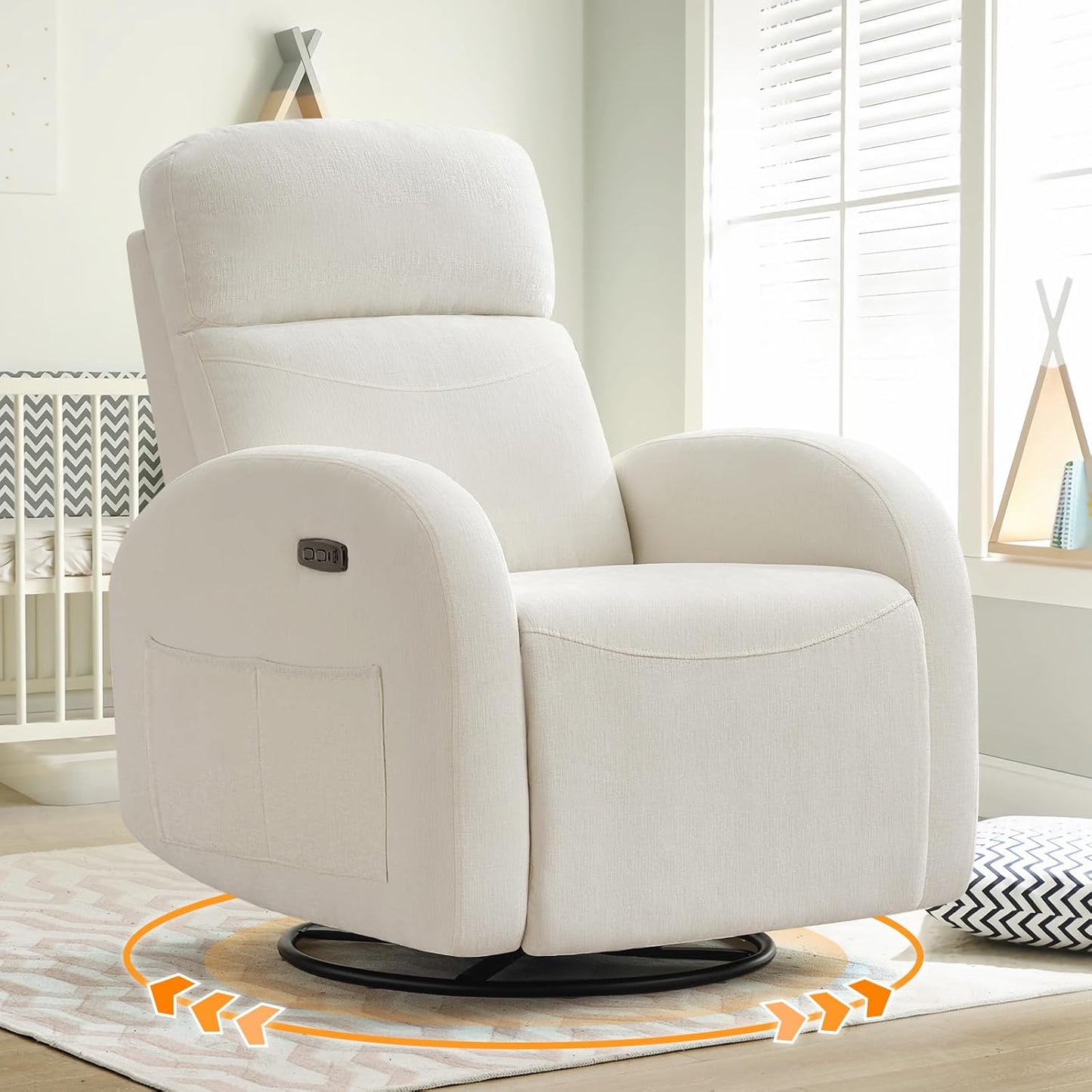Nursery Glider Recliner, Power Swivel Rocking Recliner with USB & Type-C Port, Swivel Nursering Reclining Rocker with Double Pockets for Living Room, Camel Chenille