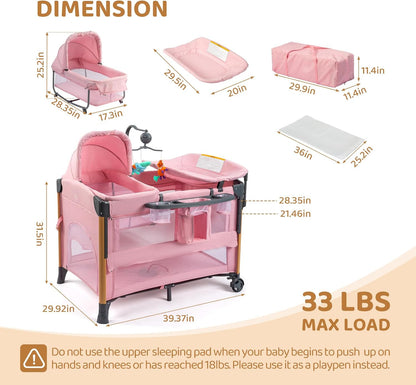 JOYMOR 7 in 1 Bedside Bassinet with Changing Table, All in One Nursery Center, Bedside Sleeper with Mattress, Sheet, Canopy, Storage Shelf,Gray