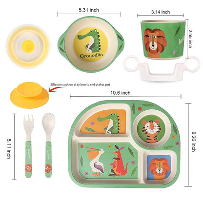 shopwithgreen 7Pcs/Set Bamboo Kids Dinnerware Set - Children Dishes - Food Plate Bowl Cup Spoon Fork Set Dishware, Cartoon Tableware, Dishwasher Safe Kids Healthy Mealtime, BPA Free