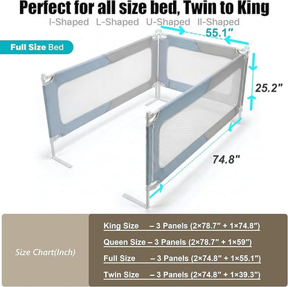 Full Size Baby Bed Rail Guard – Extra Tall Safety Bedside Rail with Headboard Rod for Toddlers, Adjustable No-Gap Design, 3 Panels (2×74.8″ + 1×55.1″), Gray & Light Blue