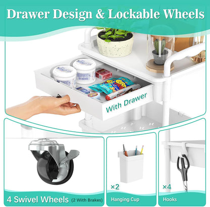 SUNALLY 3 Tier Rolling Cart with Drawer, Bathroom Storage Organizer with 2 Lockable Wheels, Multifunctional Rolling Storage Cart for Bathroom, Kitchen, Office, Craft, Makeup, Baby Essentials, White