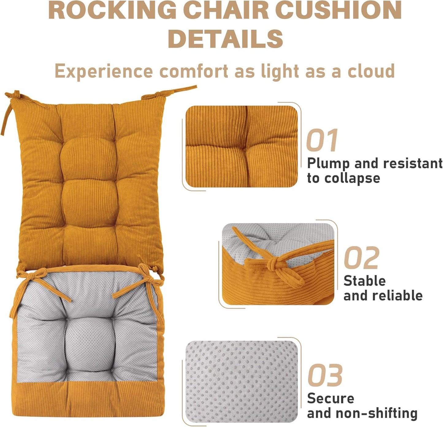 Rocking Chair Cushion with Ties Non-Slip Outdoor Rocking Chair Cushion Set Waterproof Fade-Resistant Porch Garden Patio Glider Rocker Cushions