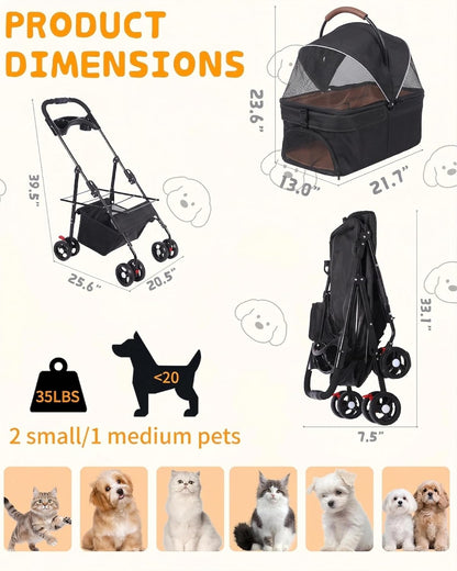 Pet Stroller with Removable Carrier, 35lbs Capacity - One-Click Foldable Dog Stroller, Cat Carrier & All-Terrain Wheels, Compact Travel Pet Stroller for Small to Medium Pets-Gray
